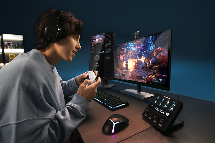 A gamer livestreams with an Insta360 Link 2 Pro webcam.